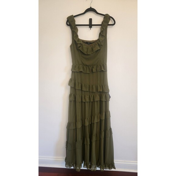 Lulus Olive Green Ruffled Tiered Maxi Dress Medium Square Neck High Slit NWT - Picture 3 of 8